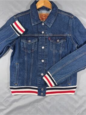 Levi's Women's Rib Trim Trucker Denim Jacket Varsity Stripe Blue Size Large